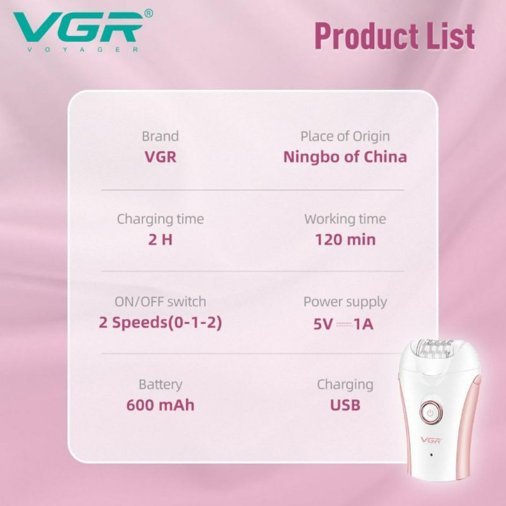VGR Compact Professional Cordless Women Epilator for different body areas for gentle hair removal
