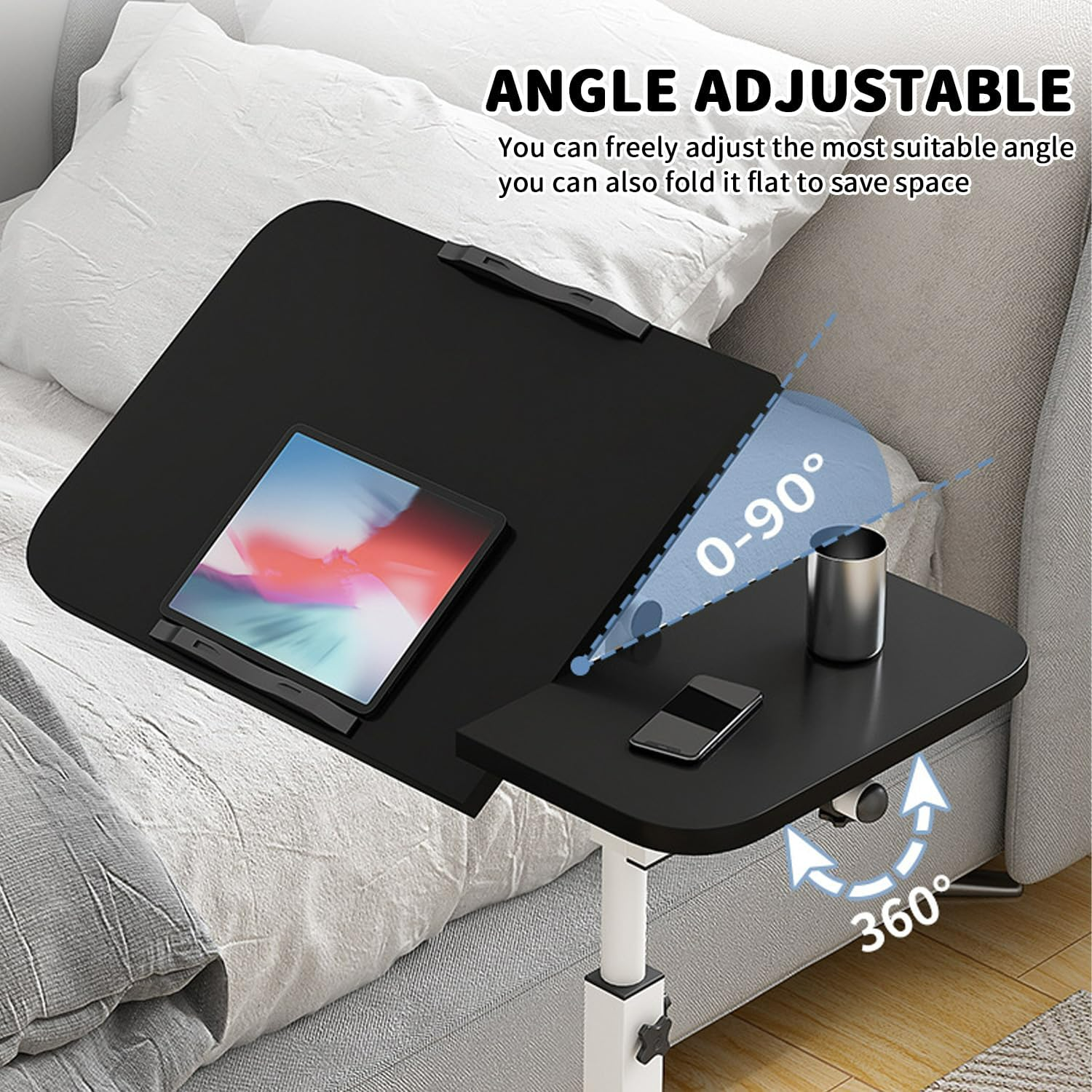 Height Adjustable Side Table with Wheels – Laptop Stand, Bed & Overbed Table for Living Room & Bedroom
