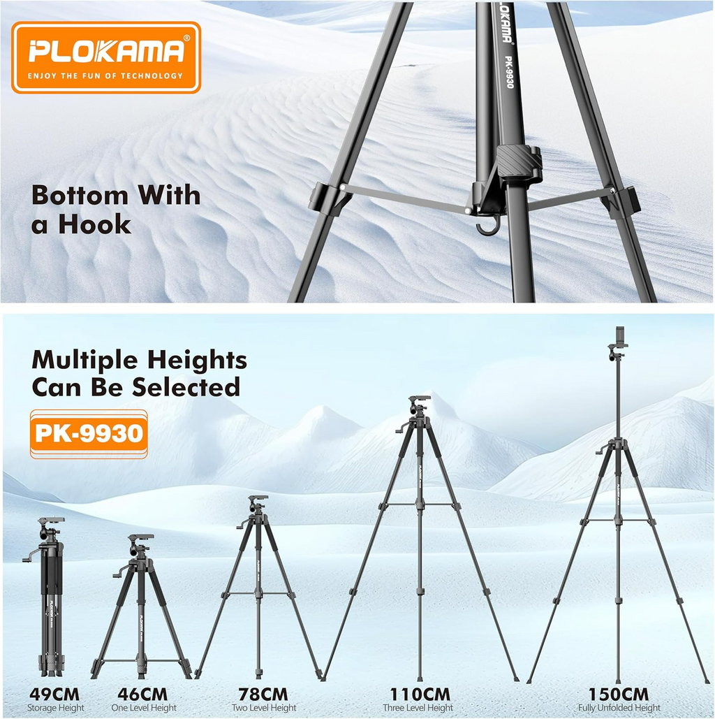 PLOKAMA Professional Tripod 150cm – 360° Rotation with Bluetooth Remote
