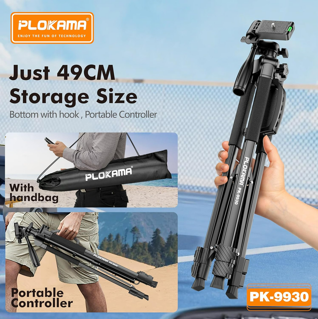 PLOKAMA Professional Tripod 150cm – 360° Rotation with Bluetooth Remote