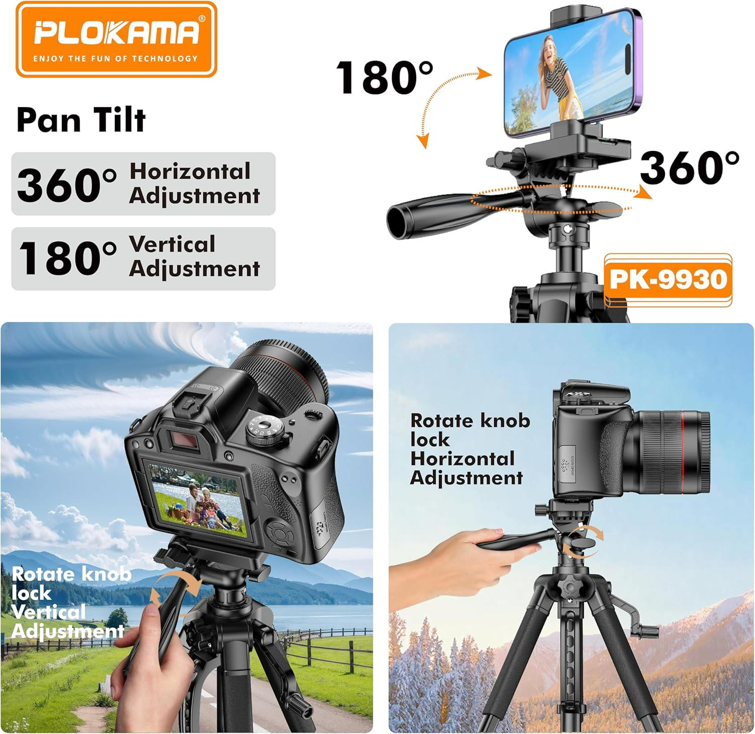 PLOKAMA Professional Tripod 150cm – 360° Rotation with Bluetooth Remote