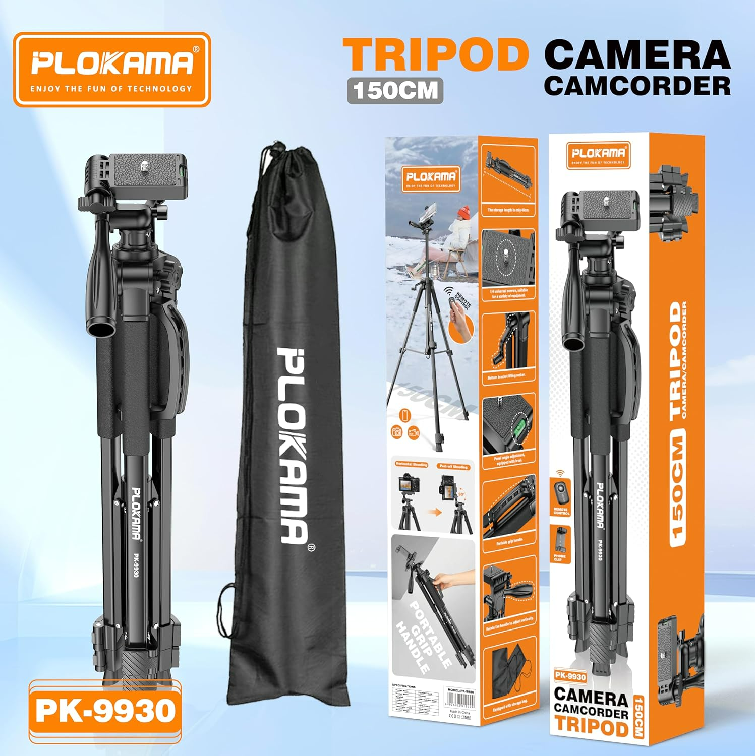 PLOKAMA Professional Tripod 150cm – 360° Rotation with Bluetooth Remote
