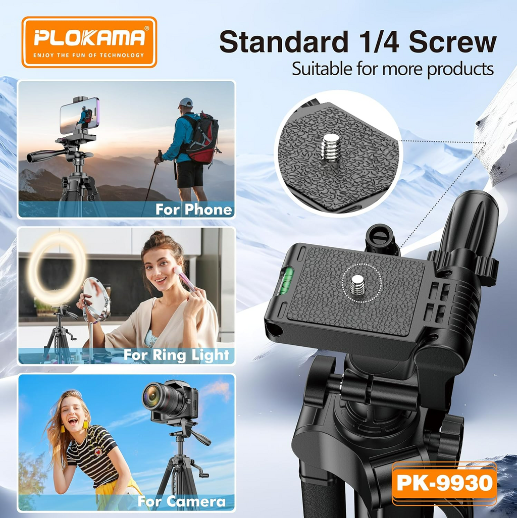 PLOKAMA Professional Tripod 150cm – 360° Rotation with Bluetooth Remote