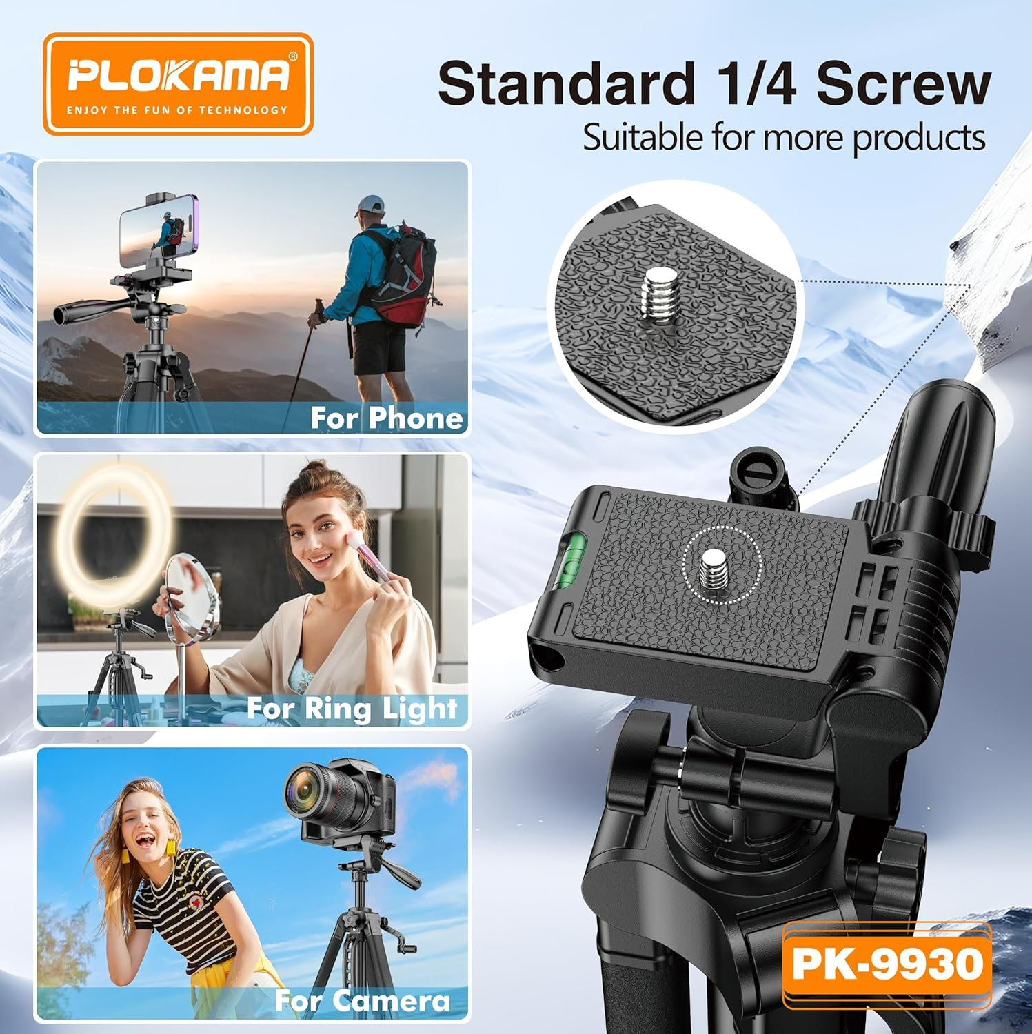 PLOKAMA Professional Tripod 150cm – 360° Rotation with Bluetooth Remote