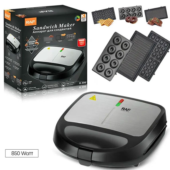 RAF 3-in-1 Toaster and Mini Donut Maker – Interchangeable Panels, 1000W Power, Grill and Donut Making