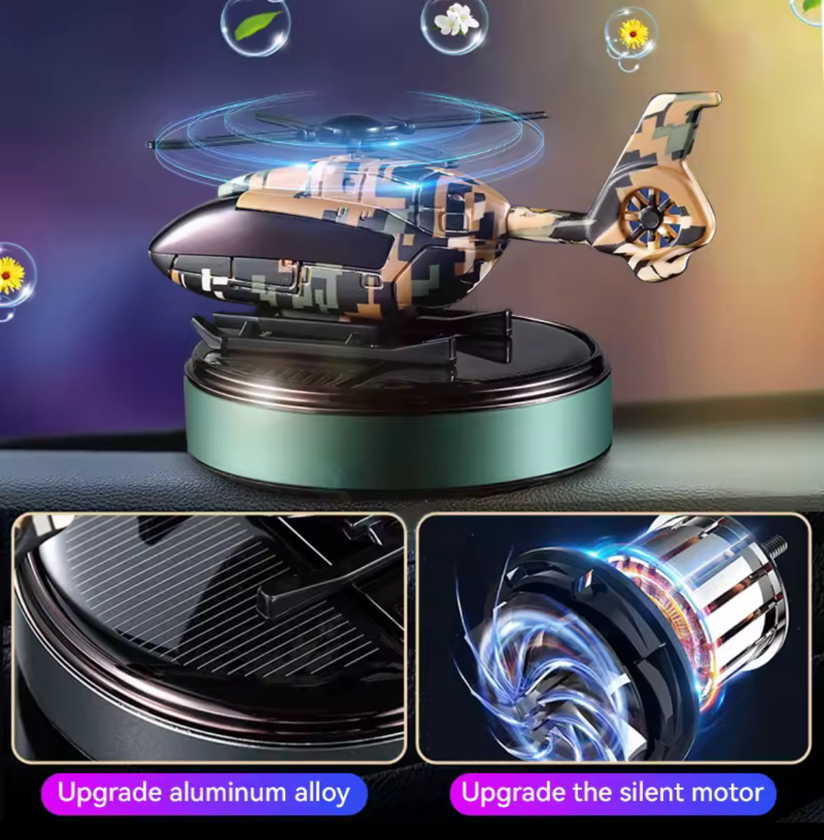 Solar Powered Helicopter Car Air Freshener Rotating Aromatherapy Diffuser for Car, Home & Office