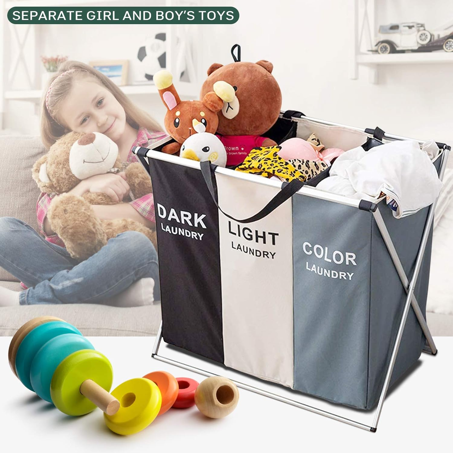3 Section Laundry Basket Printed Dark Light Color, Foldable Hamper/Sorter with Waterproof Oxford Bags and Aluminum Frame