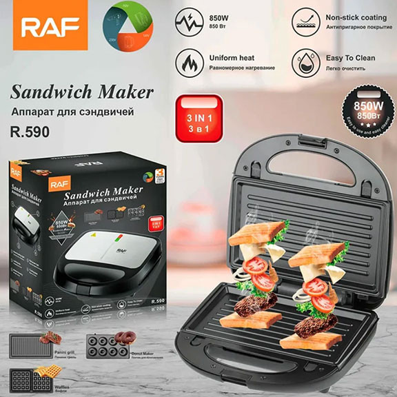 RAF 3-in-1 Toaster and Mini Donut Maker – Interchangeable Panels, 1000W Power, Grill and Donut Making